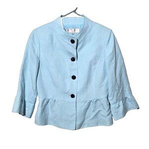Tahari ASL Blazer 8P Blue Linen Blend Peplum Bell Sleeves Button Up Professional